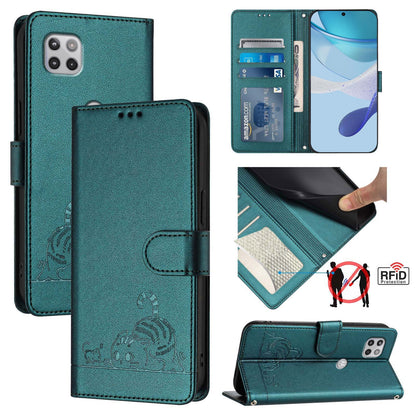 Motorola One 5G Ace Leather Phone Case with Cat and Rat Embossed Pattern, RFID Protection, Card Holder Slots, Anti-fall Feature & Lanyard