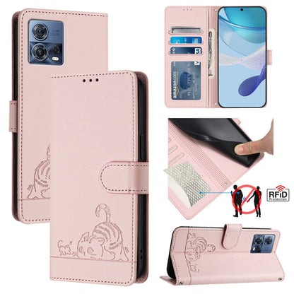Motorola Moto S30 Pro 5G Leather Phone Case with Cat and Rat Embossed Pattern, RFID Protection, Card Holder Slots, Anti-fall Feature & Lanyard