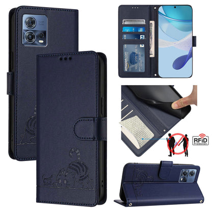 Motorola Moto S30 Pro 5G Leather Phone Case with Cat and Rat Embossed Pattern, RFID Protection, Card Holder Slots, Anti-fall Feature & Lanyard