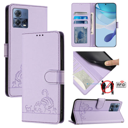 Motorola Moto S30 Pro 5G Leather Phone Case with Cat and Rat Embossed Pattern, RFID Protection, Card Holder Slots, Anti-fall Feature & Lanyard
