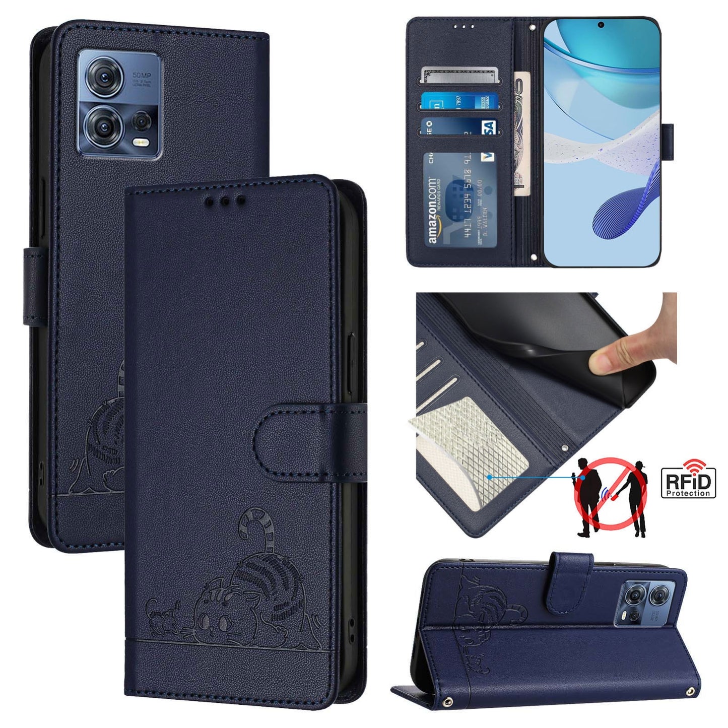 Motorola Edge 30 Fusion Leather Phone Case with Cat and Rat Embossed Pattern, RFID Protection, Card Holder Slots, Anti-fall Feature & Lanyard