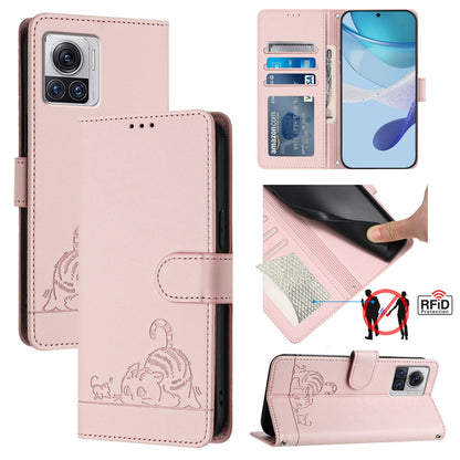 Motorola Moto X30 Pro 5G Leather Phone Case with Cat and Rat Embossed Pattern, RFID Protection, Card Holder Slots, Anti-fall Feature & Lanyard