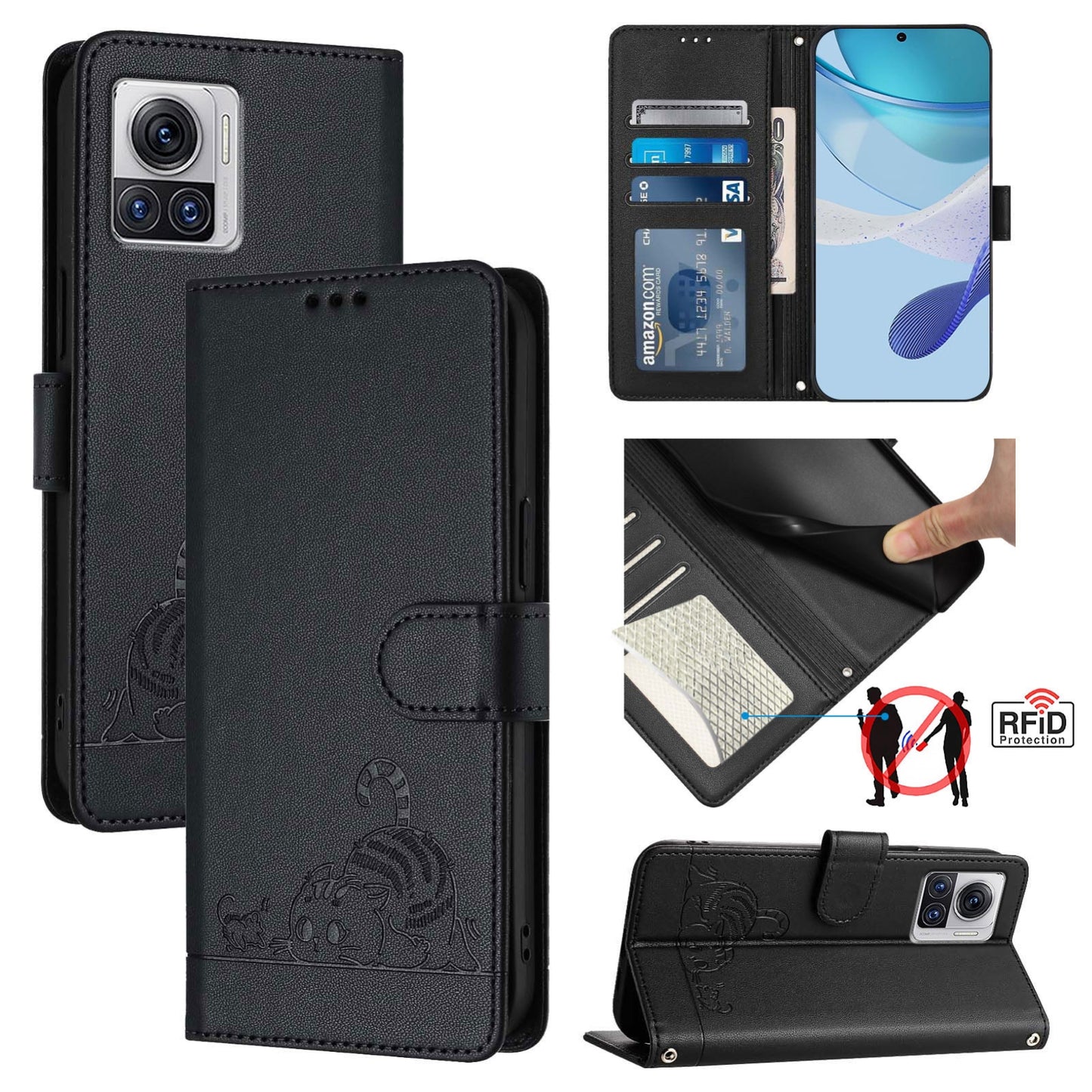 Motorola Moto X30 Pro 5G Leather Phone Case with Cat and Rat Embossed Pattern, RFID Protection, Card Holder Slots, Anti-fall Feature & Lanyard