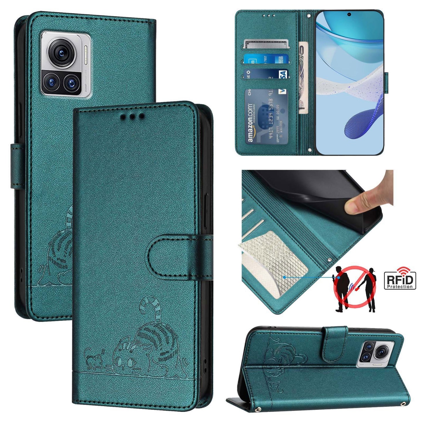 Motorola Moto X30 Pro 5G Leather Phone Case with Cat and Rat Embossed Pattern, RFID Protection, Card Holder Slots, Anti-fall Feature & Lanyard