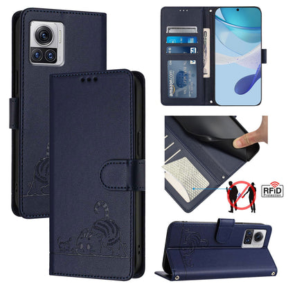 Motorola Moto X30 Pro 5G Leather Phone Case with Cat and Rat Embossed Pattern, RFID Protection, Card Holder Slots, Anti-fall Feature & Lanyard