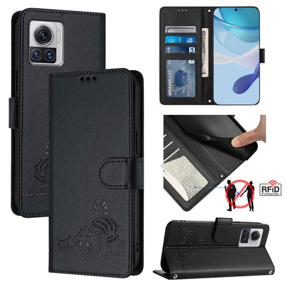 Motorola Edge 30 Ultra Leather Phone Case with Cat and Rat Embossed Pattern, RFID Protection, Card Holder Slots, Anti-fall Feature & Lanyard