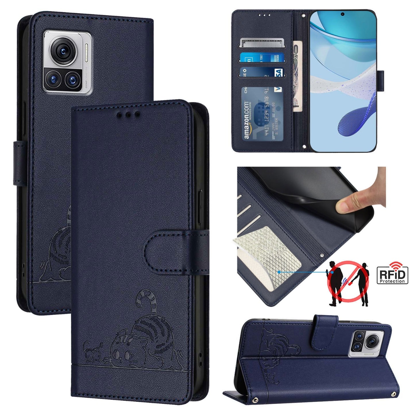 Motorola Edge 30 Ultra Leather Phone Case with Cat and Rat Embossed Pattern, RFID Protection, Card Holder Slots, Anti-fall Feature & Lanyard