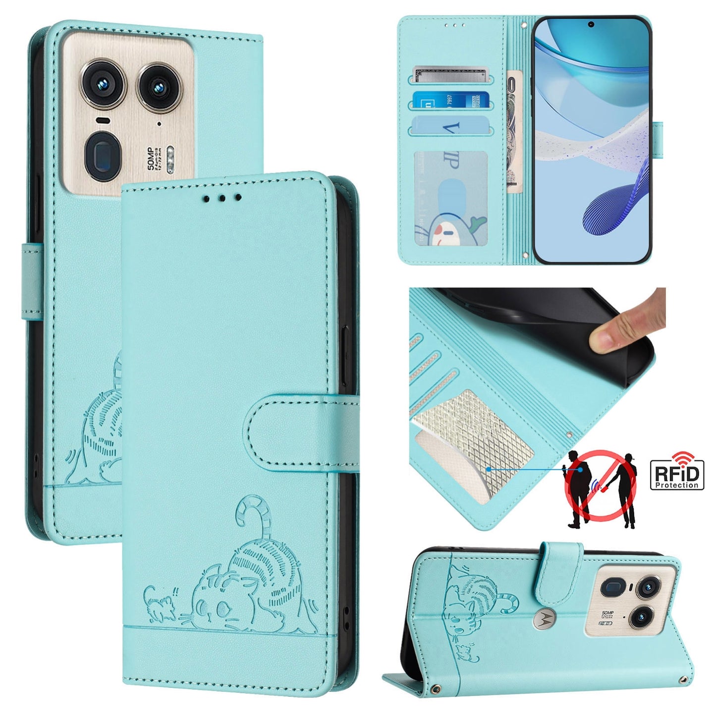 Motorola Edge 50 Ultra Leather Phone Case with Cat and Rat Embossed Pattern, RFID Protection, Card Holder Slots, Anti-fall Feature & Lanyard