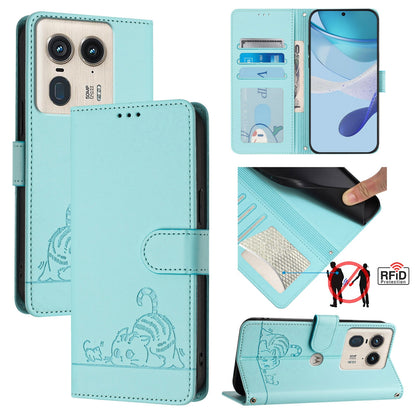 Motorola Edge 50 Ultra Leather Phone Case with Cat and Rat Embossed Pattern, RFID Protection, Card Holder Slots, Anti-fall Feature & Lanyard