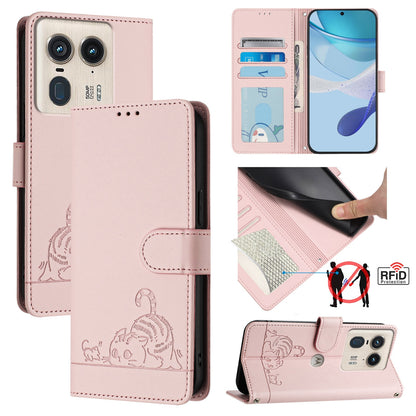 Motorola Edge 50 Ultra Leather Phone Case with Cat and Rat Embossed Pattern, RFID Protection, Card Holder Slots, Anti-fall Feature & Lanyard