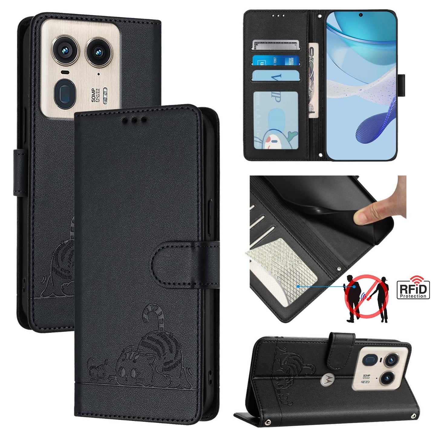Motorola Edge 50 Ultra Leather Phone Case with Cat and Rat Embossed Pattern, RFID Protection, Card Holder Slots, Anti-fall Feature & Lanyard