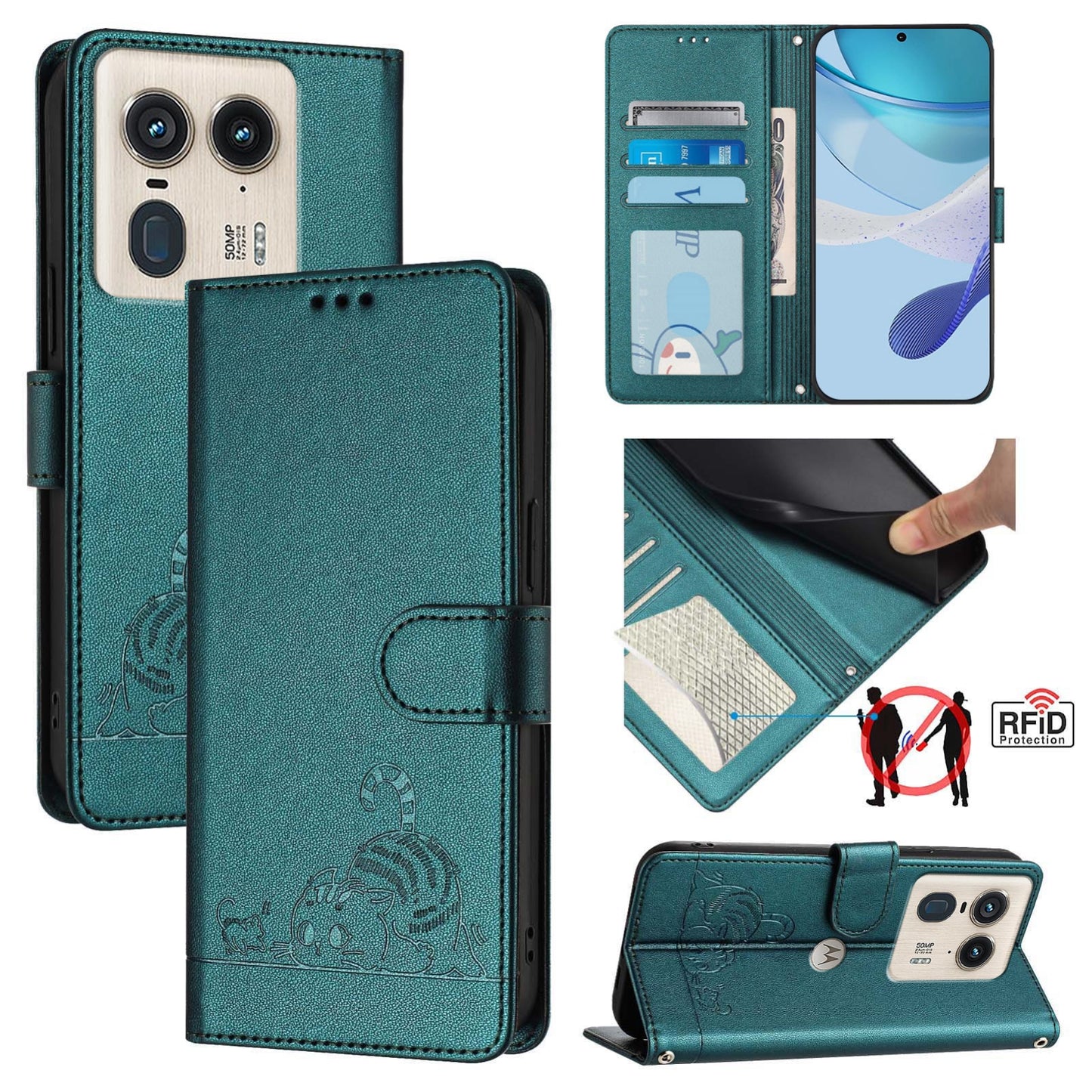 Motorola Edge 50 Ultra Leather Phone Case with Cat and Rat Embossed Pattern, RFID Protection, Card Holder Slots, Anti-fall Feature & Lanyard