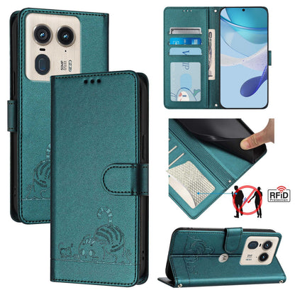 Motorola Edge 50 Ultra Leather Phone Case with Cat and Rat Embossed Pattern, RFID Protection, Card Holder Slots, Anti-fall Feature & Lanyard