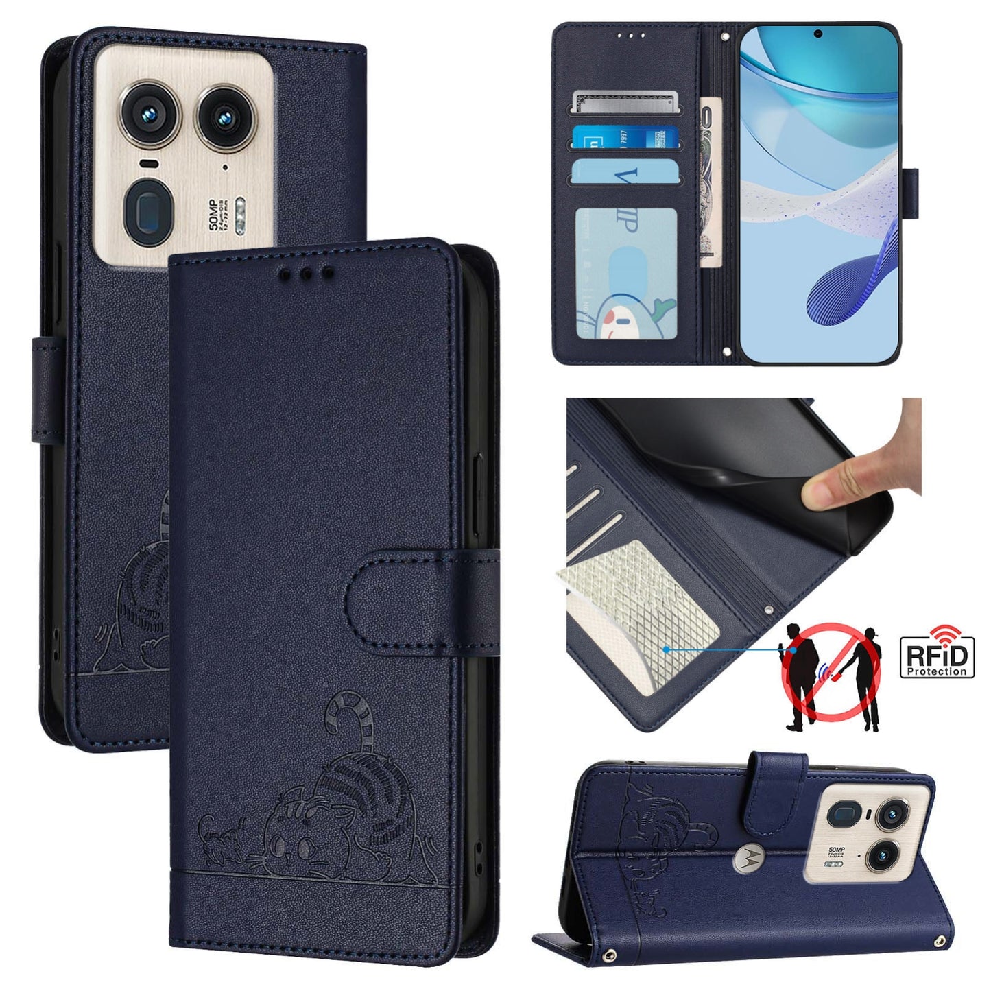 Motorola Edge 50 Ultra Leather Phone Case with Cat and Rat Embossed Pattern, RFID Protection, Card Holder Slots, Anti-fall Feature & Lanyard