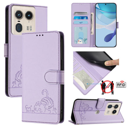 Motorola Edge 50 Ultra Leather Phone Case with Cat and Rat Embossed Pattern, RFID Protection, Card Holder Slots, Anti-fall Feature & Lanyard