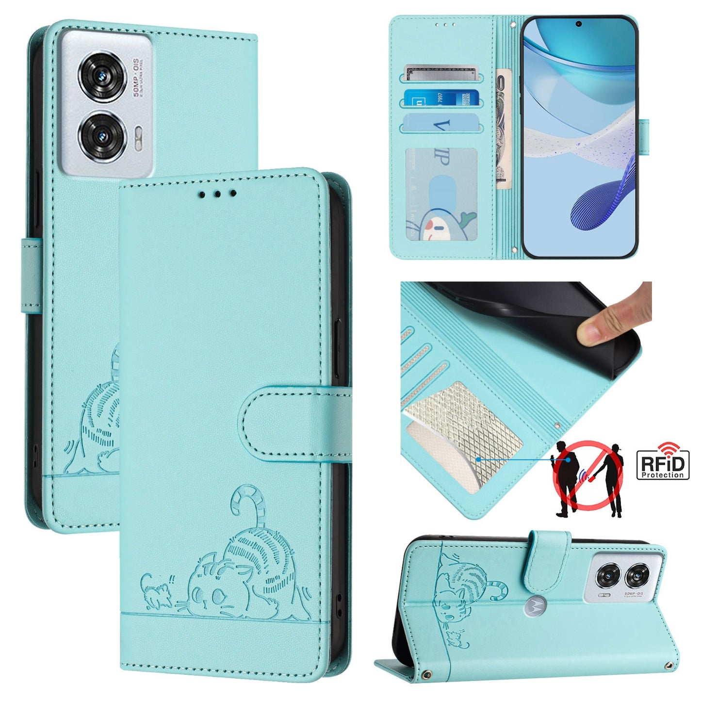 Motorola Edge 50 Fusion Leather Phone Case with Cat and Rat Embossed Pattern, RFID Protection, Card Holder Slots, Anti-fall Feature & Lanyard