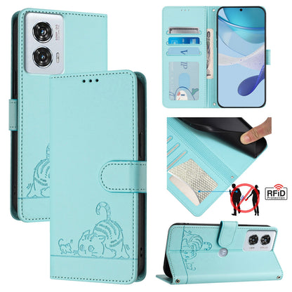 Motorola Edge 50 Fusion Leather Phone Case with Cat and Rat Embossed Pattern, RFID Protection, Card Holder Slots, Anti-fall Feature & Lanyard