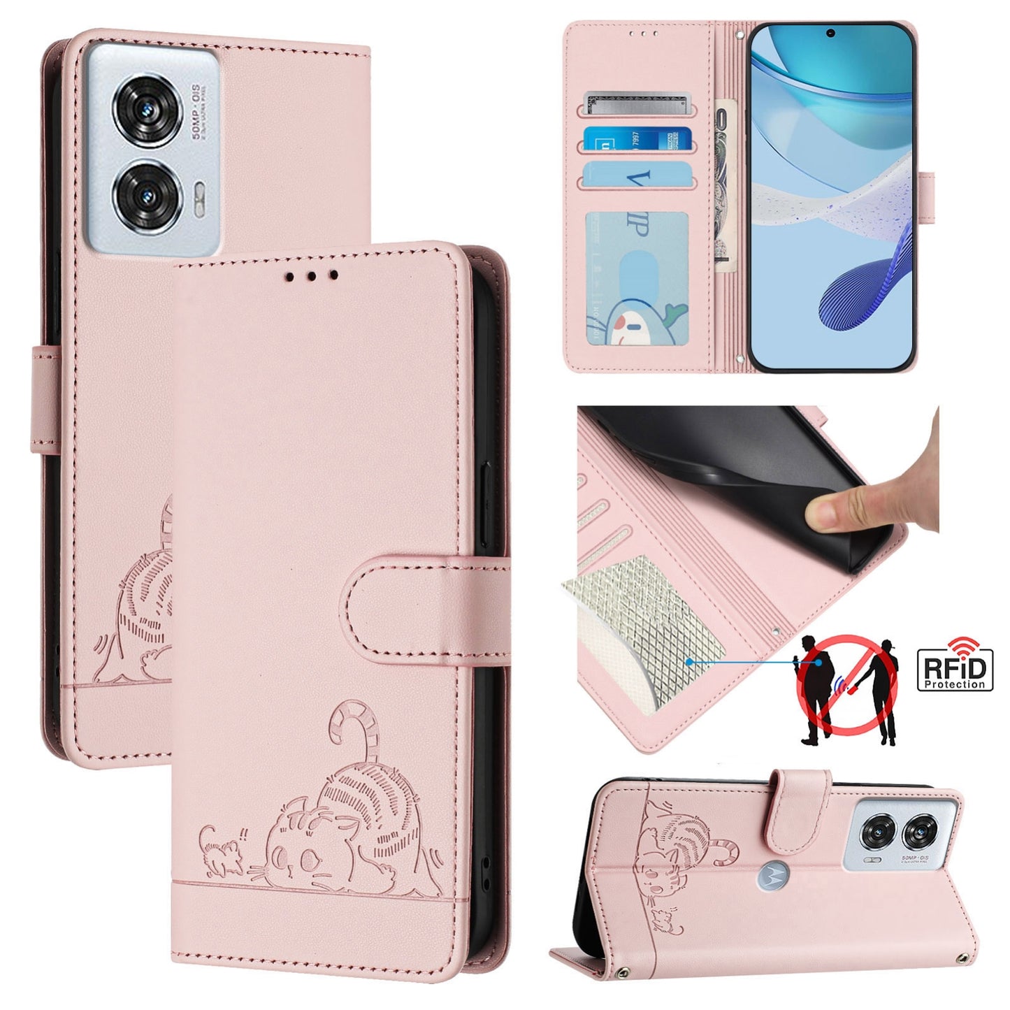 Motorola Edge 50 Fusion Leather Phone Case with Cat and Rat Embossed Pattern, RFID Protection, Card Holder Slots, Anti-fall Feature & Lanyard