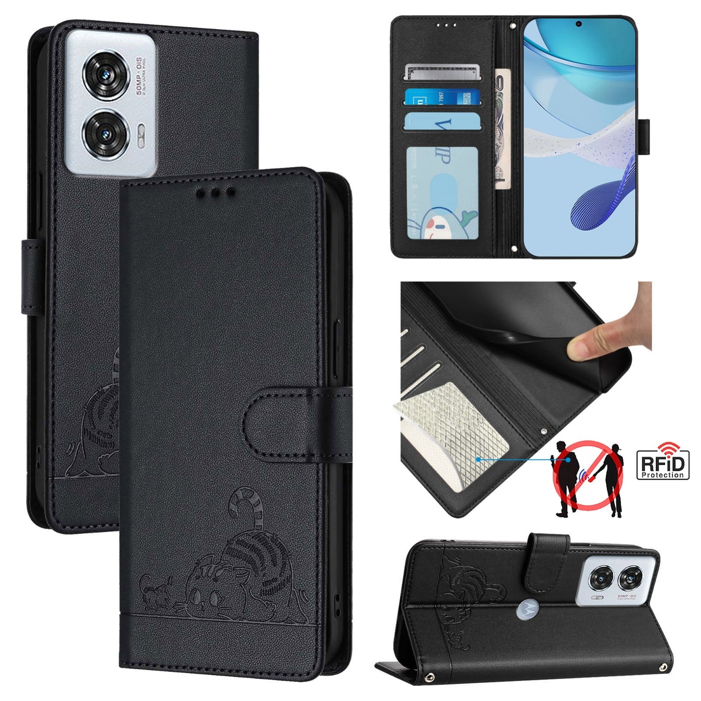 Motorola Edge 50 Fusion Leather Phone Case with Cat and Rat Embossed Pattern, RFID Protection, Card Holder Slots, Anti-fall Feature & Lanyard