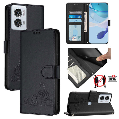 Motorola Edge 50 Fusion Leather Phone Case with Cat and Rat Embossed Pattern, RFID Protection, Card Holder Slots, Anti-fall Feature & Lanyard