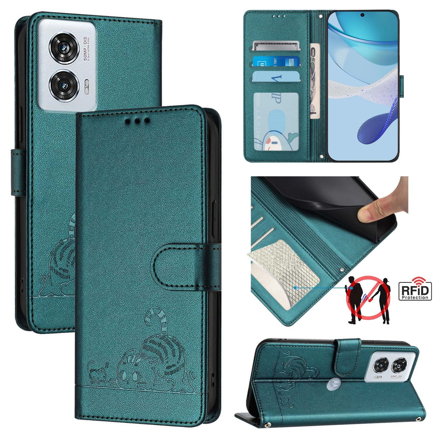 Motorola Edge 50 Fusion Leather Phone Case with Cat and Rat Embossed Pattern, RFID Protection, Card Holder Slots, Anti-fall Feature & Lanyard
