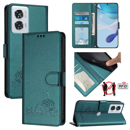 Motorola Edge 50 Fusion Leather Phone Case with Cat and Rat Embossed Pattern, RFID Protection, Card Holder Slots, Anti-fall Feature & Lanyard