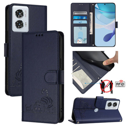 Motorola Edge 50 Fusion Leather Phone Case with Cat and Rat Embossed Pattern, RFID Protection, Card Holder Slots, Anti-fall Feature & Lanyard