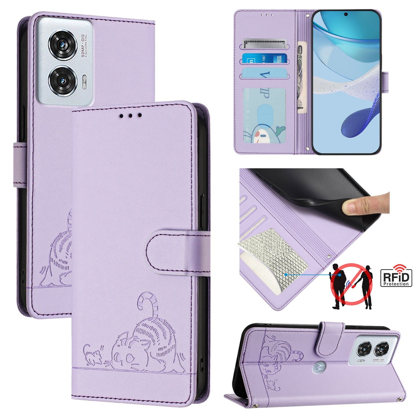 Motorola Edge 50 Fusion Leather Phone Case with Cat and Rat Embossed Pattern, RFID Protection, Card Holder Slots, Anti-fall Feature & Lanyard