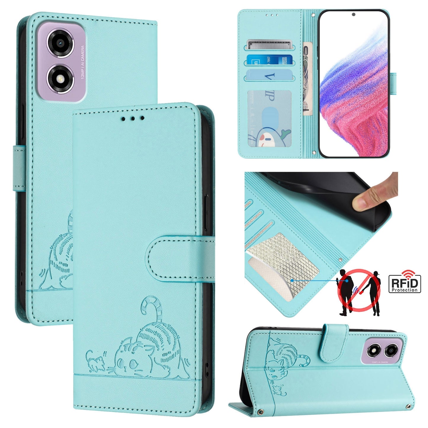 Motorola Moto E14 Leather Phone Case with Cat and Rat Embossed Pattern, RFID Protection, Card Holder Slots, Anti-fall Feature & Lanyard