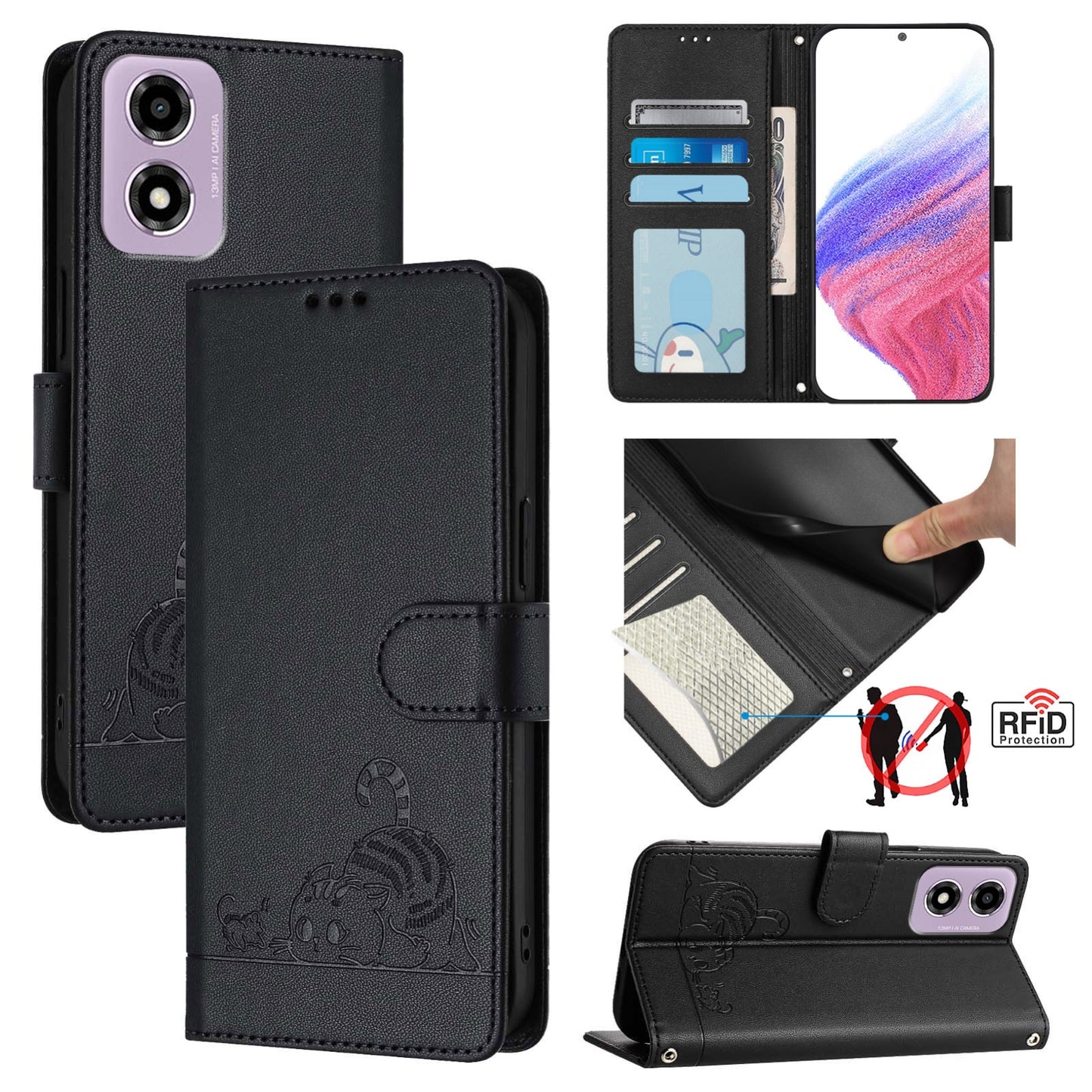 Motorola Moto E14 Leather Phone Case with Cat and Rat Embossed Pattern, RFID Protection, Card Holder Slots, Anti-fall Feature & Lanyard