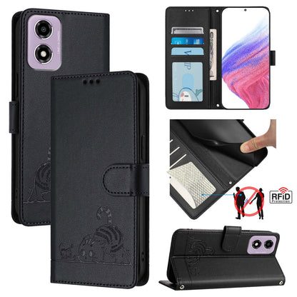 Motorola Moto E14 Leather Phone Case with Cat and Rat Embossed Pattern, RFID Protection, Card Holder Slots, Anti-fall Feature & Lanyard