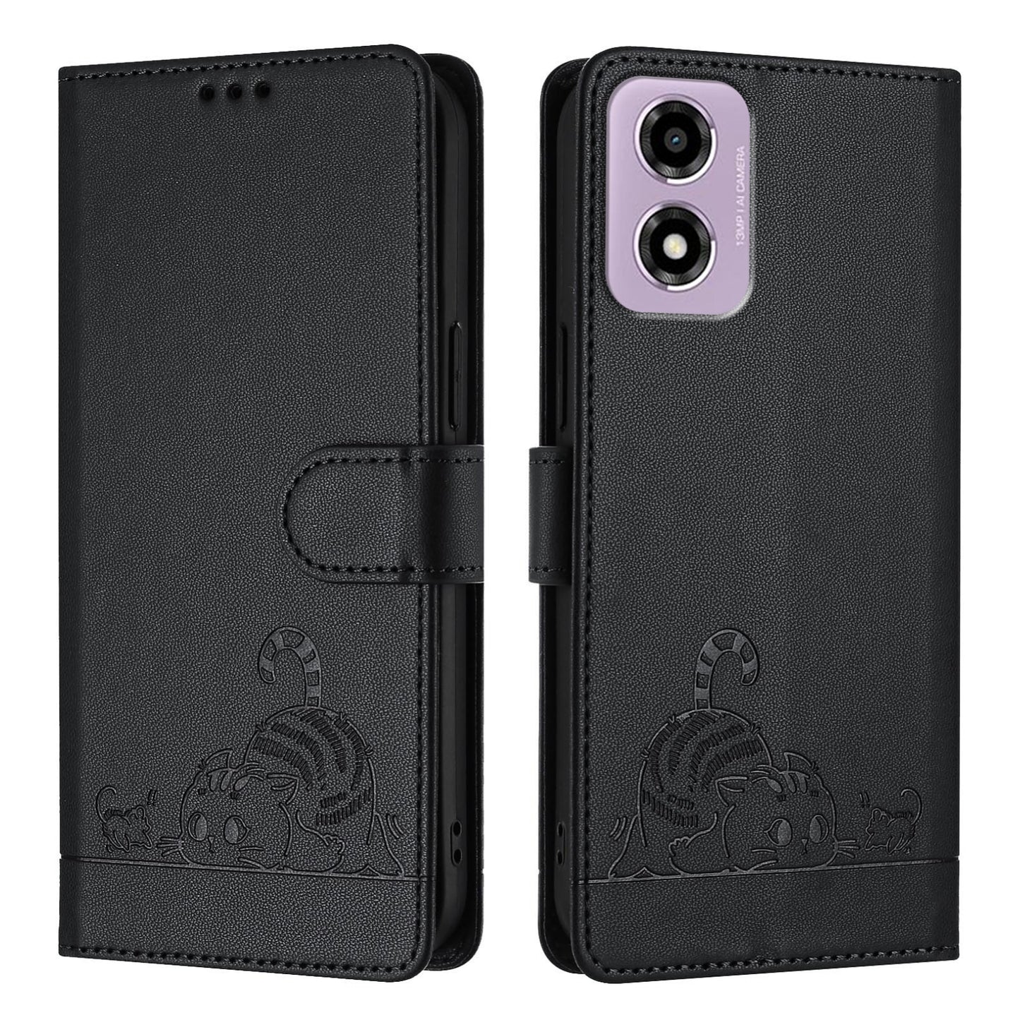 Motorola Moto E14 Leather Phone Case with Cat and Rat Embossed Pattern, RFID Protection, Card Holder Slots, Anti-fall Feature & Lanyard