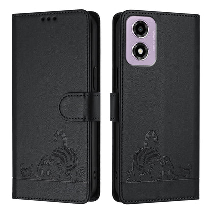 Motorola Moto E14 Leather Phone Case with Cat and Rat Embossed Pattern, RFID Protection, Card Holder Slots, Anti-fall Feature & Lanyard