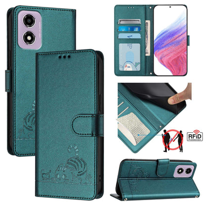Motorola Moto E14 Leather Phone Case with Cat and Rat Embossed Pattern, RFID Protection, Card Holder Slots, Anti-fall Feature & Lanyard