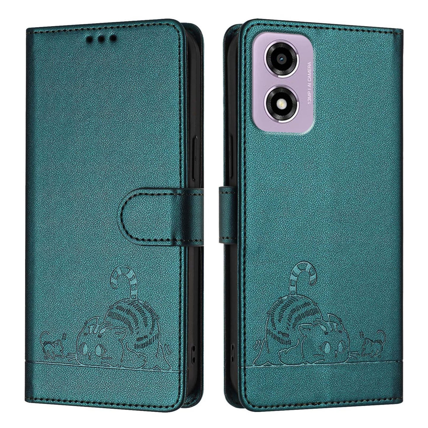 Motorola Moto E14 Leather Phone Case with Cat and Rat Embossed Pattern, RFID Protection, Card Holder Slots, Anti-fall Feature & Lanyard