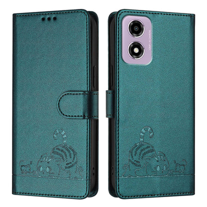Motorola Moto E14 Leather Phone Case with Cat and Rat Embossed Pattern, RFID Protection, Card Holder Slots, Anti-fall Feature & Lanyard