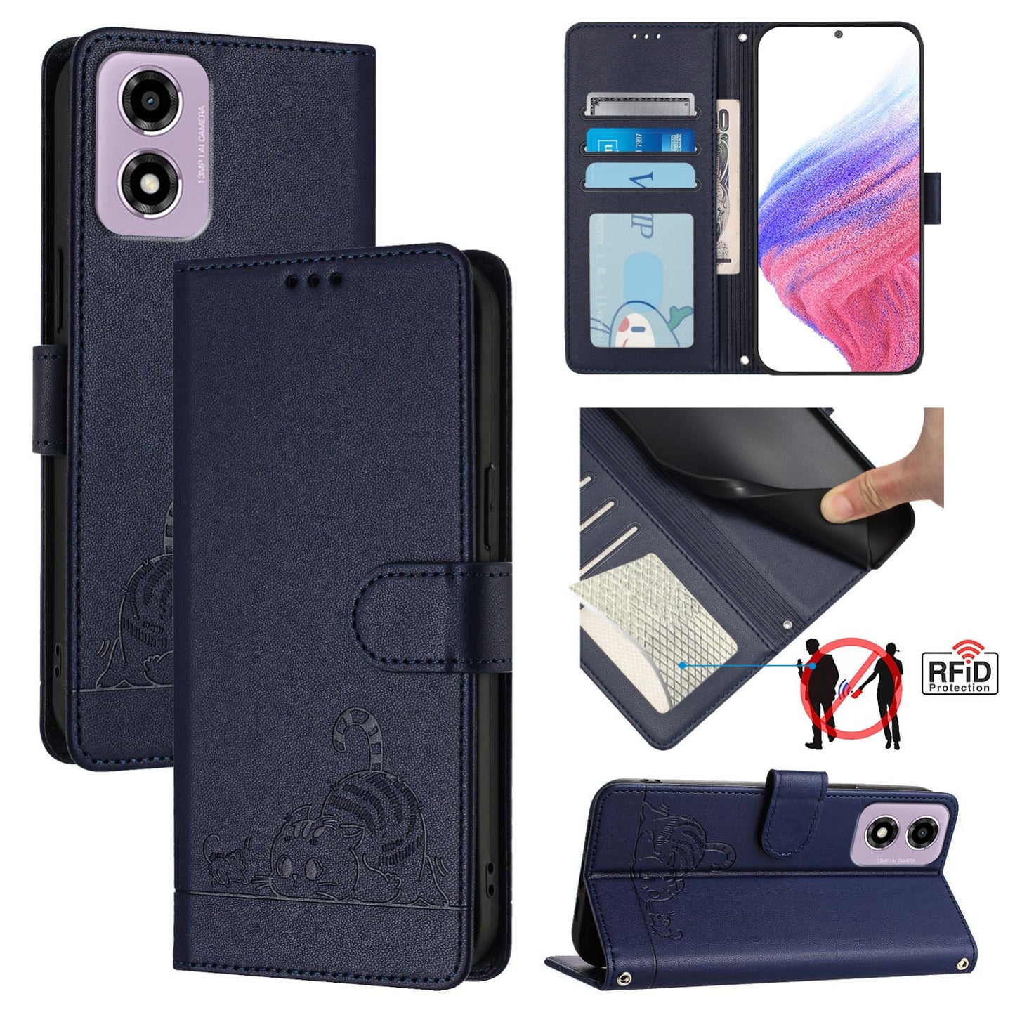 Motorola Moto E14 Leather Phone Case with Cat and Rat Embossed Pattern, RFID Protection, Card Holder Slots, Anti-fall Feature & Lanyard
