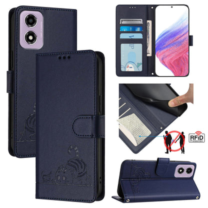 Motorola Moto E14 Leather Phone Case with Cat and Rat Embossed Pattern, RFID Protection, Card Holder Slots, Anti-fall Feature & Lanyard
