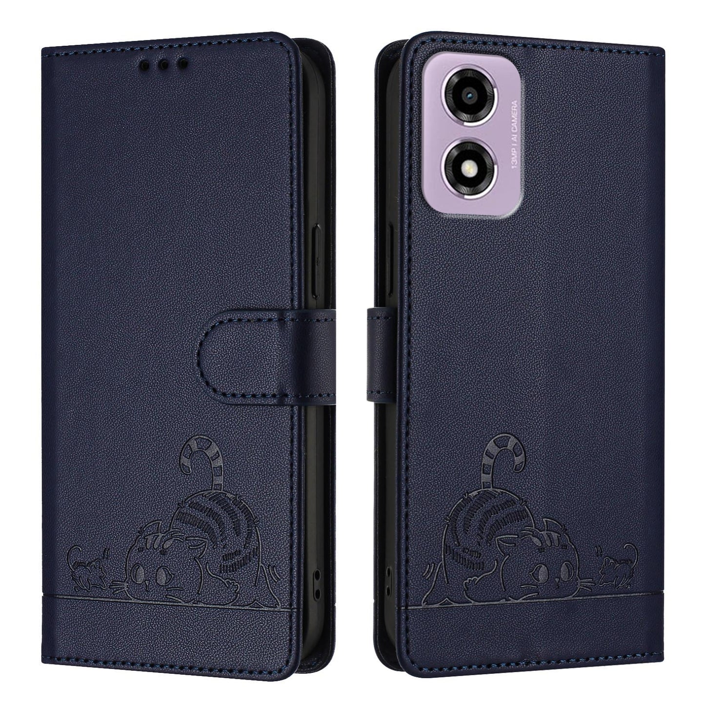 Motorola Moto E14 Leather Phone Case with Cat and Rat Embossed Pattern, RFID Protection, Card Holder Slots, Anti-fall Feature & Lanyard