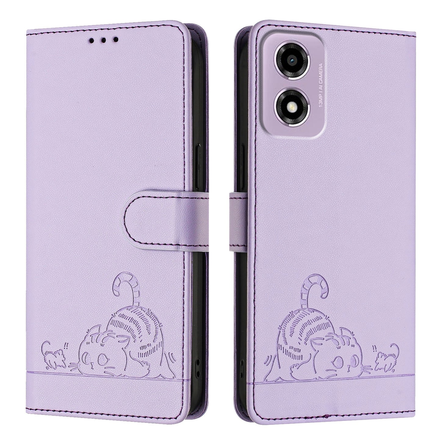 Motorola Moto E14 Leather Phone Case with Cat and Rat Embossed Pattern, RFID Protection, Card Holder Slots, Anti-fall Feature & Lanyard