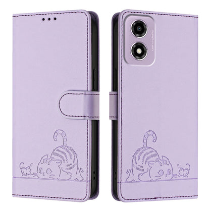 Motorola Moto E14 Leather Phone Case with Cat and Rat Embossed Pattern, RFID Protection, Card Holder Slots, Anti-fall Feature & Lanyard