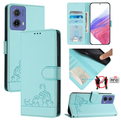 Motorola Moto G85 Leather Phone Case with Cat and Rat Embossed Pattern, RFID Protection, Card Holder Slots, Anti-fall Feature & Lanyard