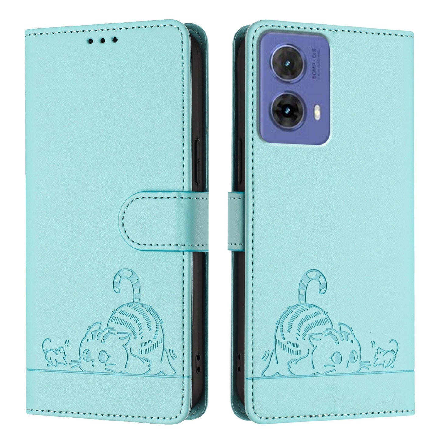 Motorola Moto G85 Leather Phone Case with Cat and Rat Embossed Pattern, RFID Protection, Card Holder Slots, Anti-fall Feature & Lanyard