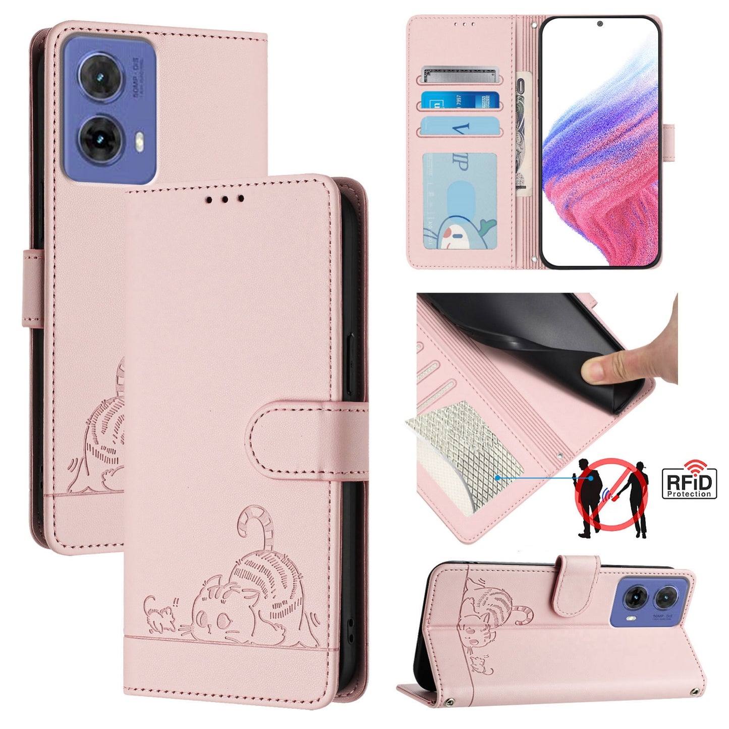 Motorola Moto G85 Leather Phone Case with Cat and Rat Embossed Pattern, RFID Protection, Card Holder Slots, Anti-fall Feature & Lanyard