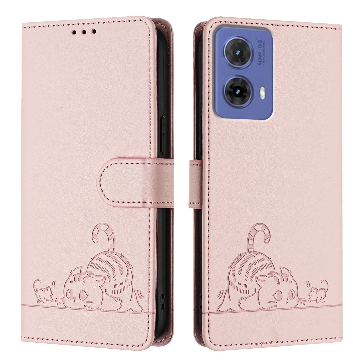 Motorola Moto G85 Leather Phone Case with Cat and Rat Embossed Pattern, RFID Protection, Card Holder Slots, Anti-fall Feature & Lanyard