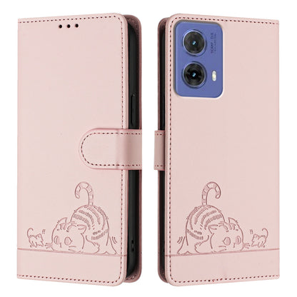 Motorola Moto G85 Leather Phone Case with Cat and Rat Embossed Pattern, RFID Protection, Card Holder Slots, Anti-fall Feature & Lanyard
