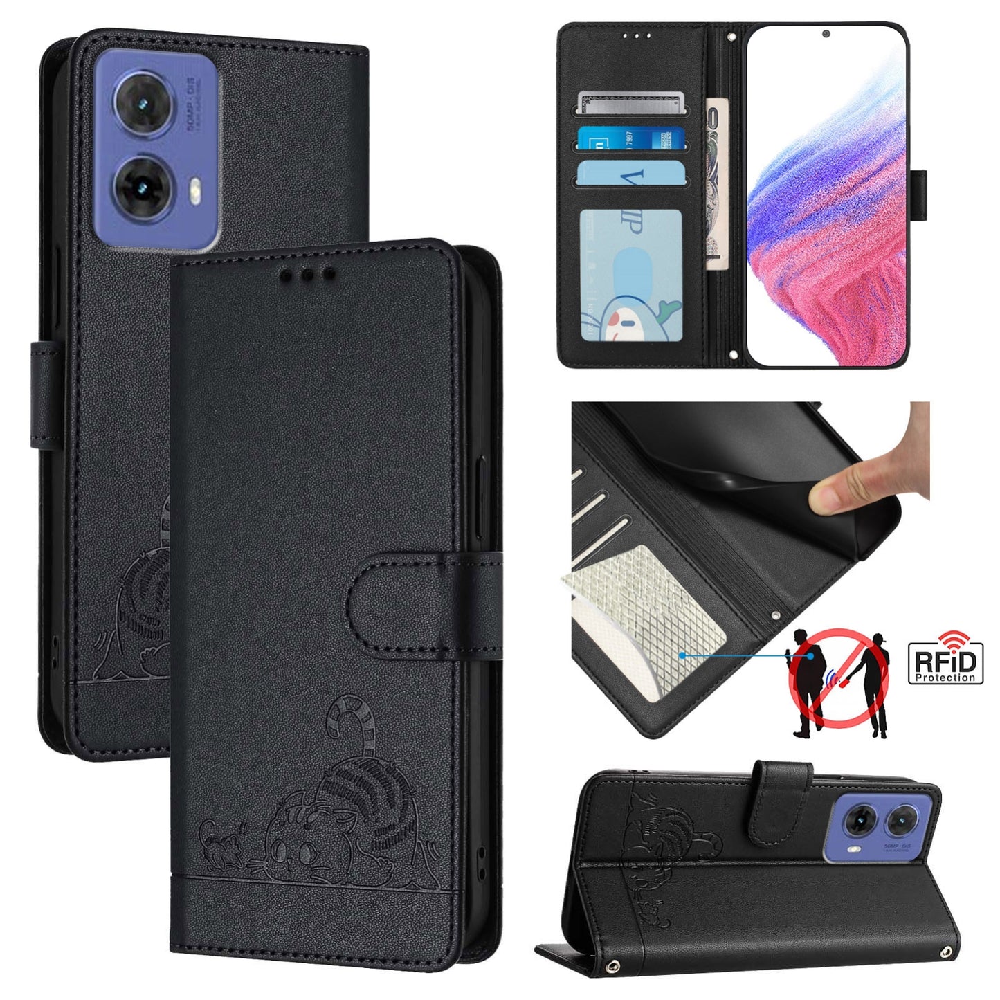 Motorola Moto G85 Leather Phone Case with Cat and Rat Embossed Pattern, RFID Protection, Card Holder Slots, Anti-fall Feature & Lanyard
