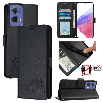 Motorola Moto G85 Leather Phone Case with Cat and Rat Embossed Pattern, RFID Protection, Card Holder Slots, Anti-fall Feature & Lanyard