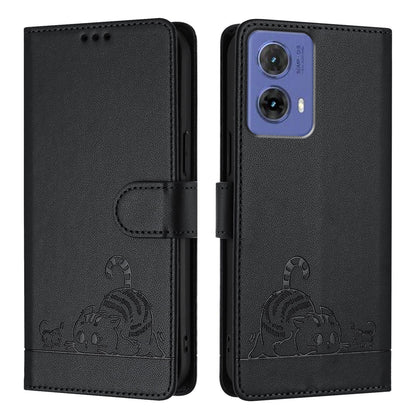 Motorola Moto G85 Leather Phone Case with Cat and Rat Embossed Pattern, RFID Protection, Card Holder Slots, Anti-fall Feature & Lanyard