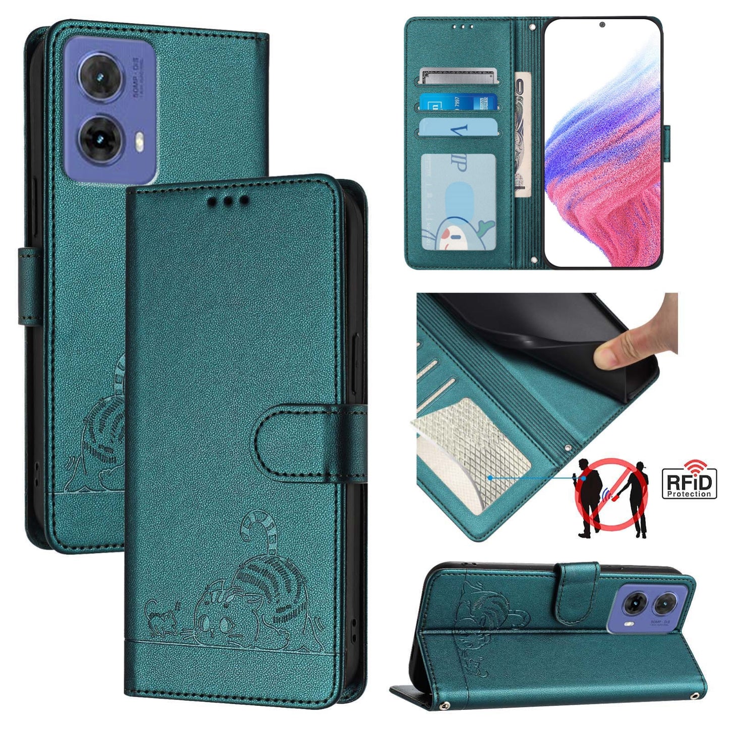 Motorola Moto G85 Leather Phone Case with Cat and Rat Embossed Pattern, RFID Protection, Card Holder Slots, Anti-fall Feature & Lanyard
